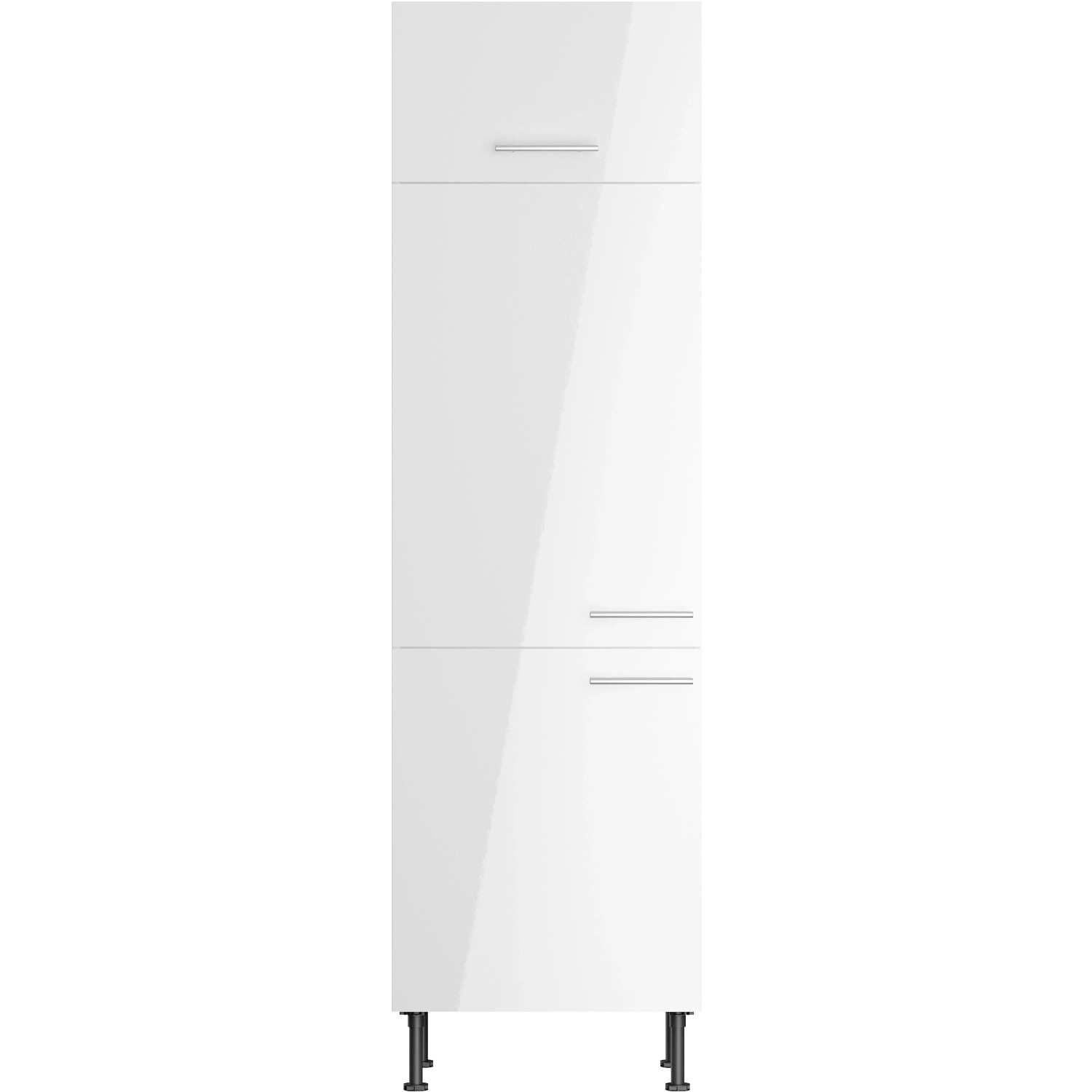 Weißer Optifit Hochschrank Rurik986 für Kühlschrank, 60x212 cm, mit zwei Türen und einer Klappe.