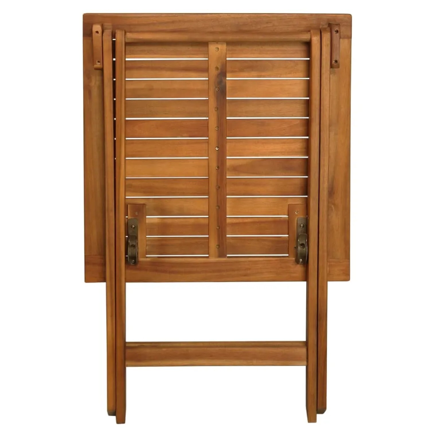 Zusammengeklapptes Bistro-Set aus Akazienholz, ideal für kleine Balkone und Gärten.