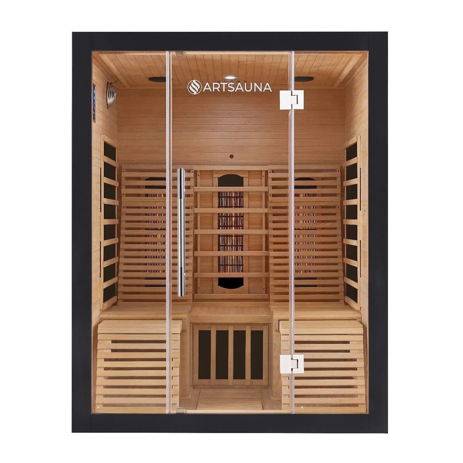 Artsauna Infrarotkabine Helsinki 150, schwarze Ausführung mit Hemlockholz und Glastür.