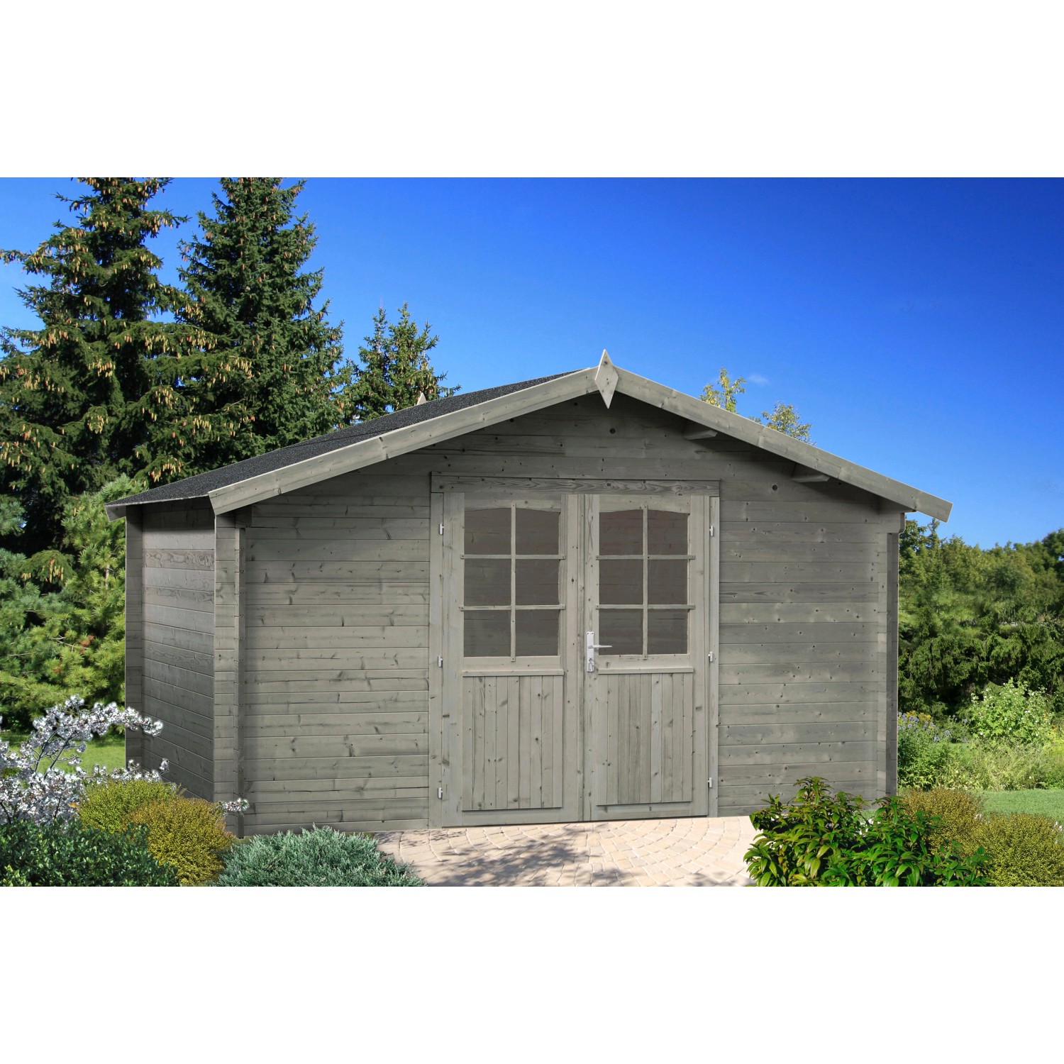 Palmako Lotta Holz-Gartenhaus/Gerätehaus Grau Satteldach Tauchgrundiert 380 cm x 380 cm