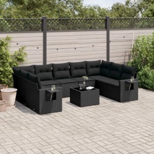 Schwarze 10-tlg. vidaXL Garten-Sofagarnitur aus Poly Rattan mit Tisch und Kissen.