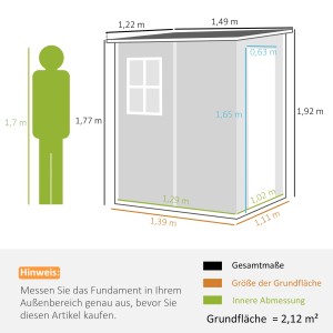 Outsunny Gartenhaus aus Aluminium und Kunststoff, grau, mit Maßangaben.