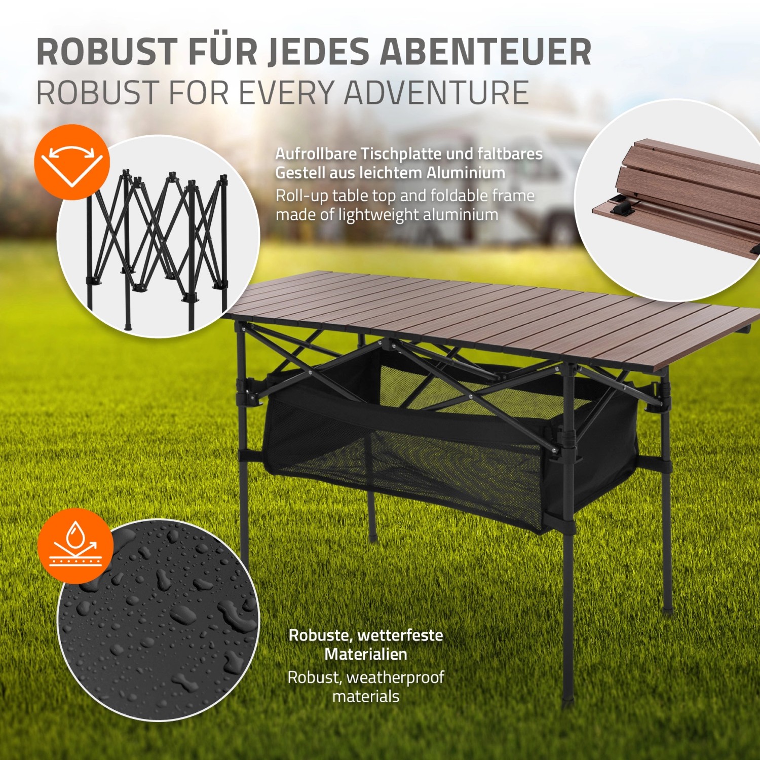 Hauki Campingtisch, braun, faltbar, 118x55x64,5 cm, mit Tasche. Ideal für Camping & Outdoor.