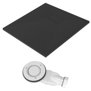 Quadratische, schwarze Aquabatos Duschwanne 90x90 cm in Steinoptik mit Ablaufgarnitur.