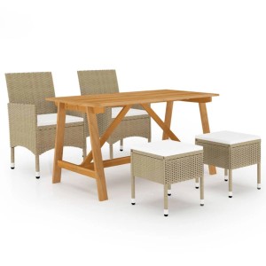 5-tlg. Garten-Essgruppe Beige: Akazientisch, Rattan-Stühle und Hocker mit cremeweißen Kissen.