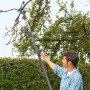 Mann schneidet Äste mit Gardena Amboss-Baumschere. Gartenschere mit Rollenübersetzung für trockene Äste.