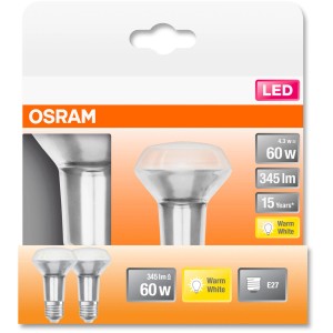 Osram LED Reflektorlampe E27, R63, 4,3W, 2er-Set. Warmweißes Licht für Wohnräume.