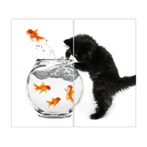 Banjado Herdabdeckplatte 2-teilig mit Katzen- und Fischmotiv. Glasabdeckung als Schneidebrett.
