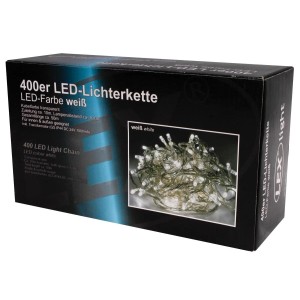 Verpackung der Lex 400er LED Lichterkette mit weißen LEDs und transparentem Kabel, für innen & außen. Ideal für Party & Weihnachten.