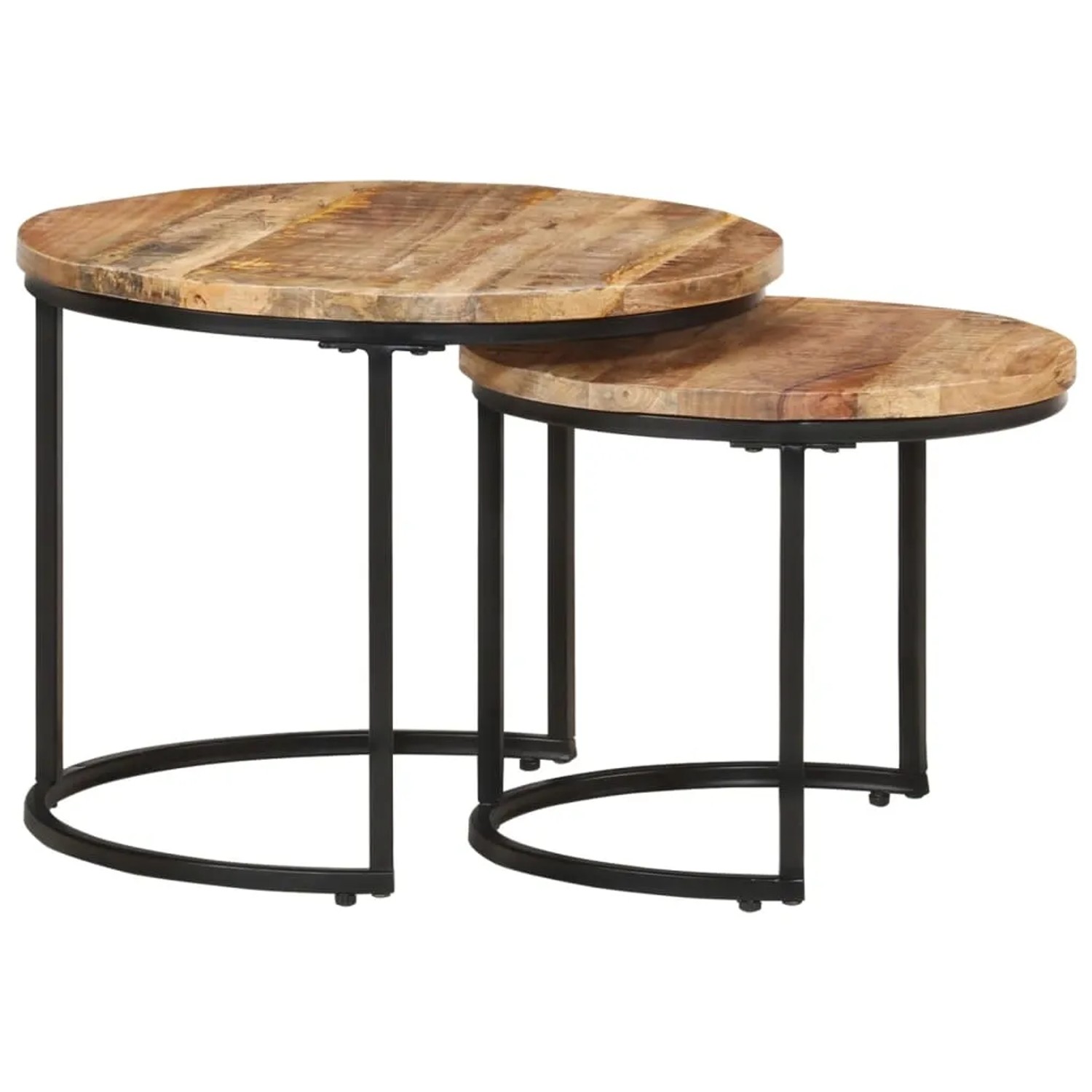 Zwei runde Satztische aus hellem Mangoholz mit natürlicher Maserung und schwarzen Metallgestellen, ineinander geschoben. Moderne Beistelltische.
