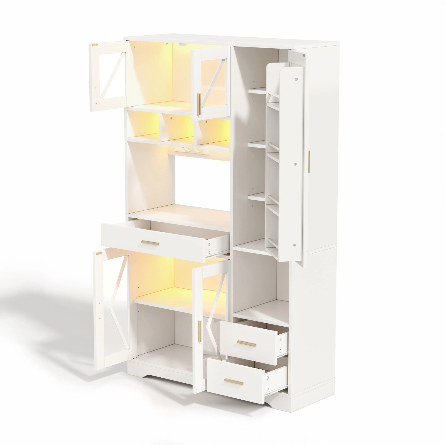 okwish Küchenschrank mit LED Beleuchtung Steckdosen Schublade Stauraum 185x105x40cm Weiß