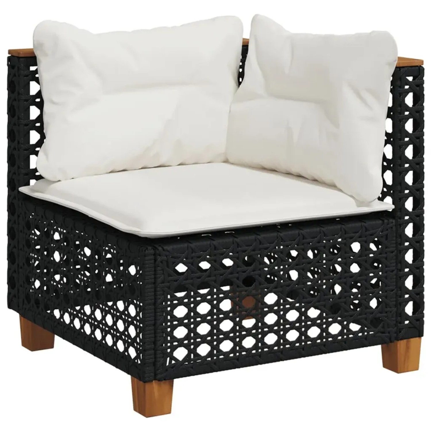 Schwarzes vidaXL Garten-Ecksofa aus Rattan mit cremeweißen Kissen, Teil einer 5-tlg. Garnitur.