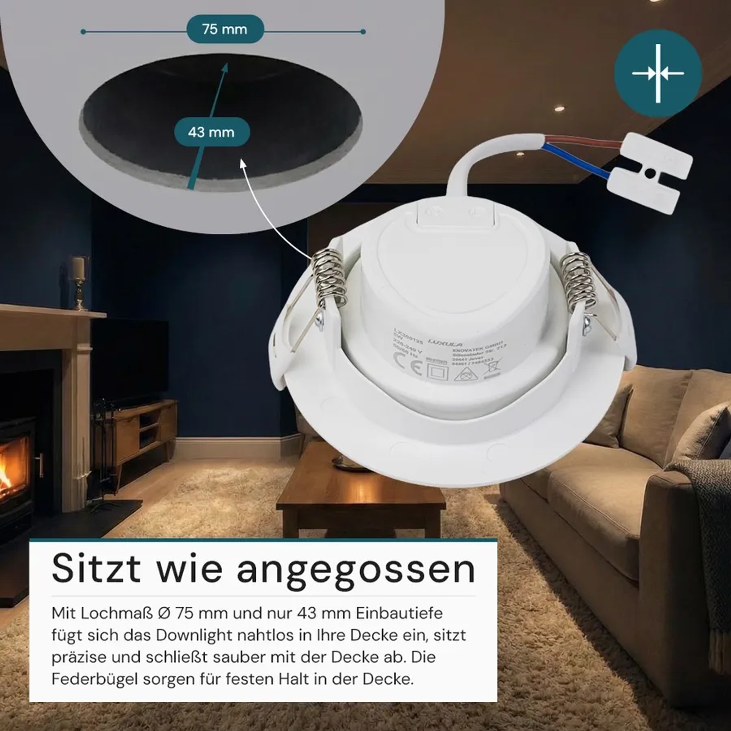 LUXULA LED Einbauspot, 6er-Set, weiß, schwenkbar, 5W, 450lm, 3000K, 75mm Durchmesser. Ideal für stimmungsvolle Beleuchtung.