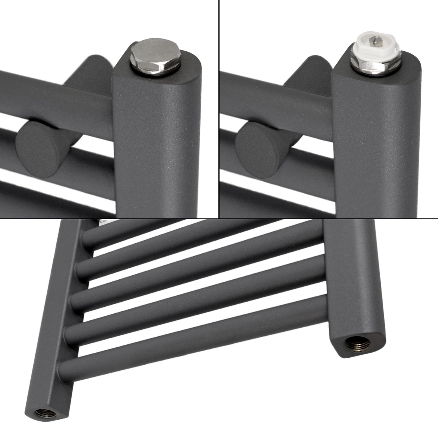 Detailaufnahme: Gebogener LuxeBath Badheizkörper Sahara, 50x150 cm, Anthrazit mit Seitenanschluss.