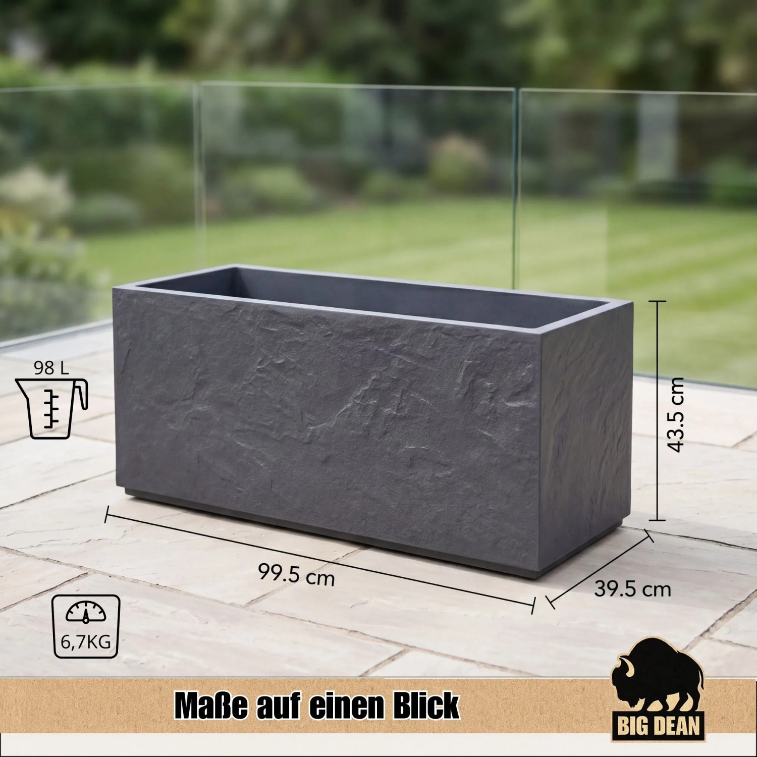 BigDean Pflanzkübel Groß Außen ca. 100cm Schiefer Optik Blumentopf mit Wasserspeicher Winterfest Doppelwandig Rechteckig_3
