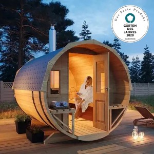 FinnTherm Fasssauna Sam aus Fichte, Bausatz ohne Ofen. Holzfass mit Tür, Fenster und Dachschindeln.