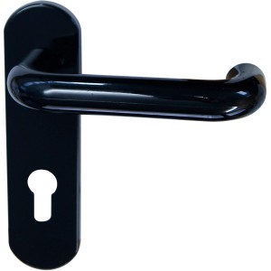 Schwarze Kurzschild-Garnitur aus Nylon für Zimmertüren mit Profilzylinder-Lochung.