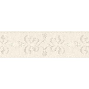 Selbstklebende Tapetenbordüre im Barock Stil, creme-weiß mit Glitzer.
