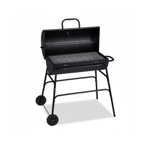 Schwarzer Relaxdays Holzkohlegrill aus Stahl mit offenem Deckel, Grillrost, Warmhalterost und Rollen für Garten.