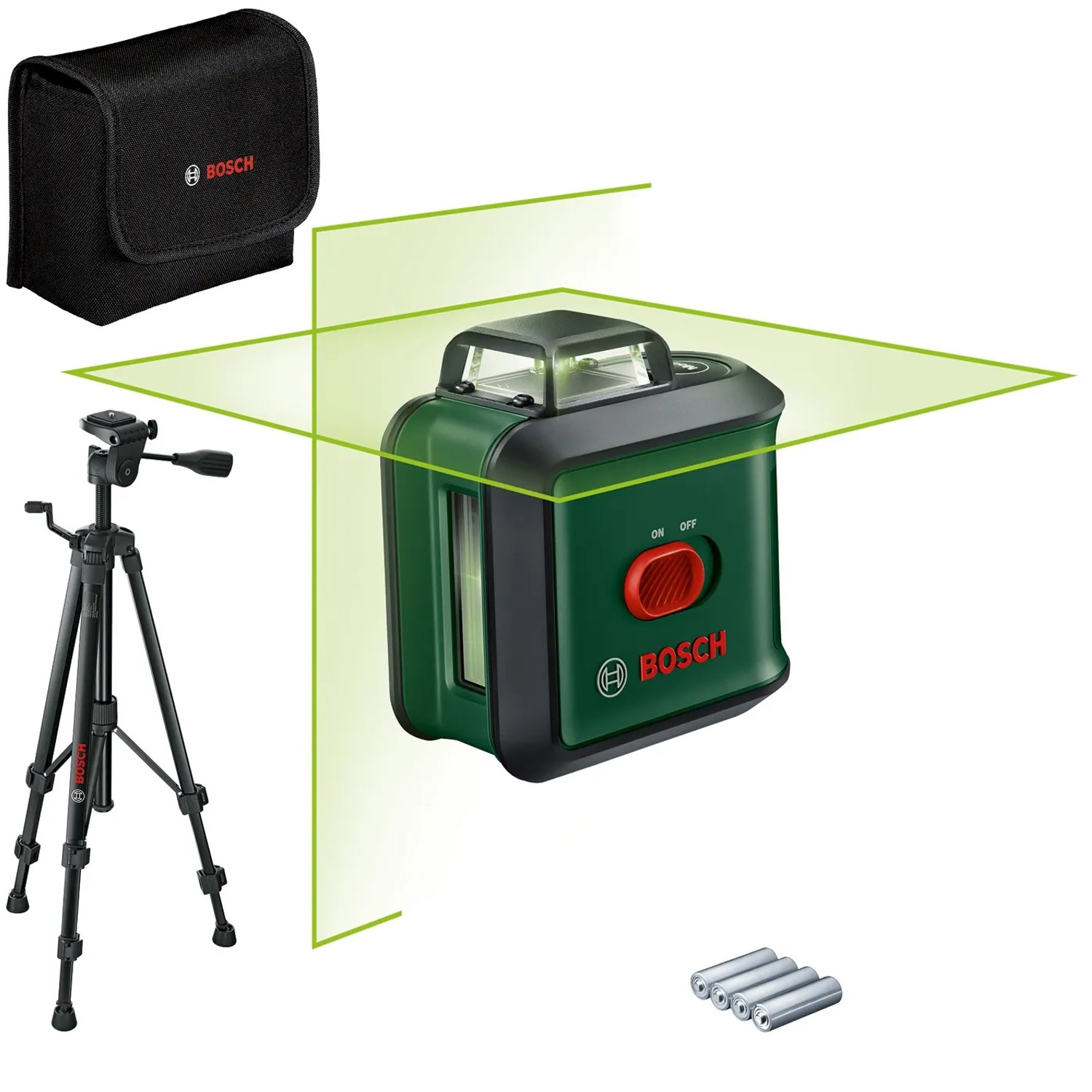 Bosch UniversalLevel 360 Kreuzlinienlaser Set mit Stativ, Tasche und Batterien.