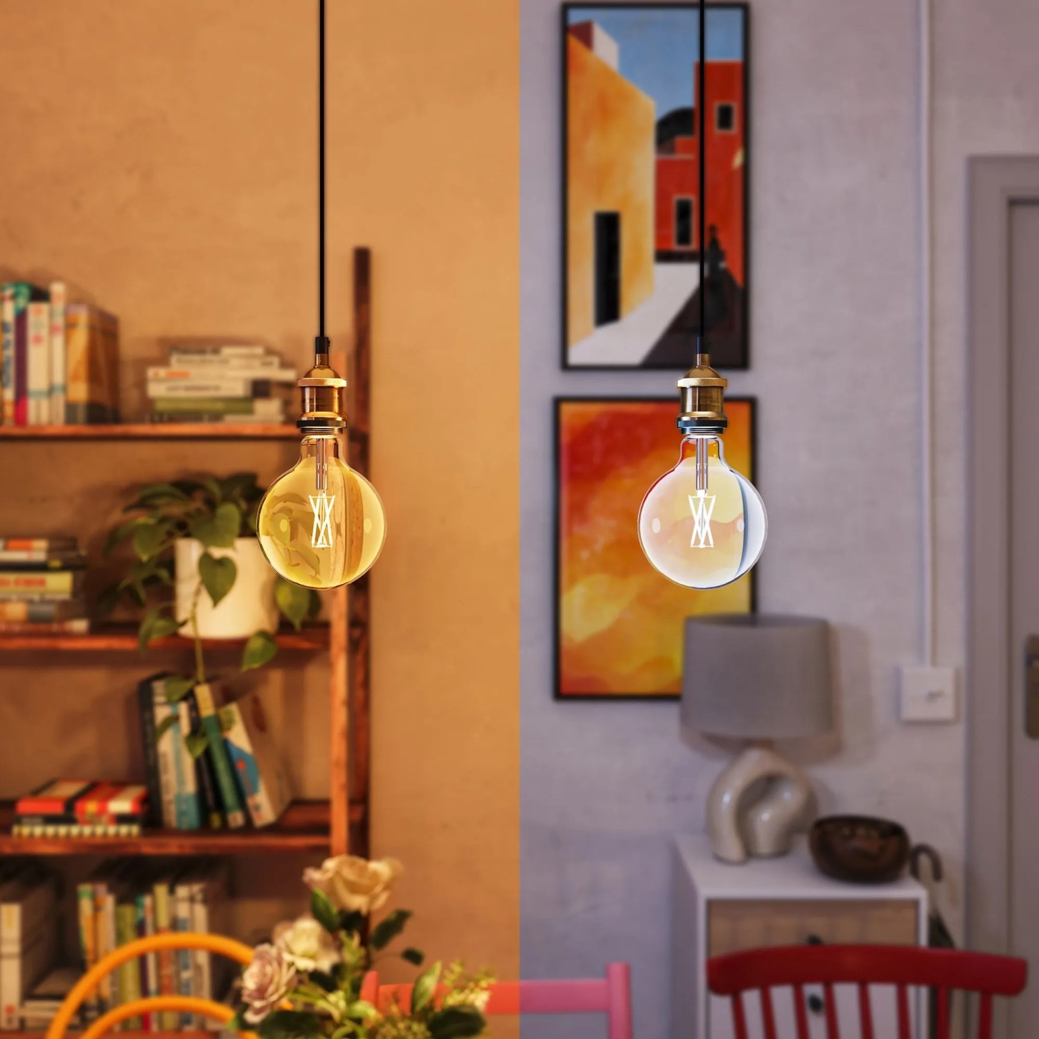 Smarte Philips Globe LED-Glühlampe mit E27-Sockel, die warmes und kühles Licht für verschiedene Stimmungen im Wohnraum zeigt.