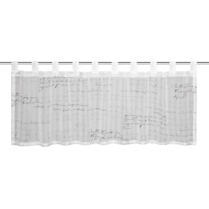 Weiße Bistrogardine mit grauen Webstreifen und Schriftmuster, 45x135 cm.