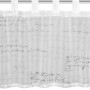 Weiße Bistrogardine mit grauen Webstreifen und Schriftmuster, 45x135 cm.
