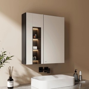 Emke Spiegelschrank, schwarz, 60x65cm, 2-türig mit Regalfächern und Beleuchtung im Badezimmer.