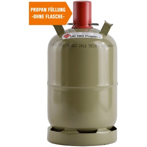 Gefüllte 11 kg Propan Eigentumsflasche in Olivgrün mit rotem Verschluss.