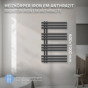 Anthrazitfarbener LuxeBath Badheizkörper Iron EM, 600x1000mm, Paneelheizkörper.