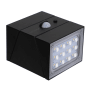 Schwarze LUXULA Solar Wandleuchte mit Bewegungsmelder und LED-Lichtern.