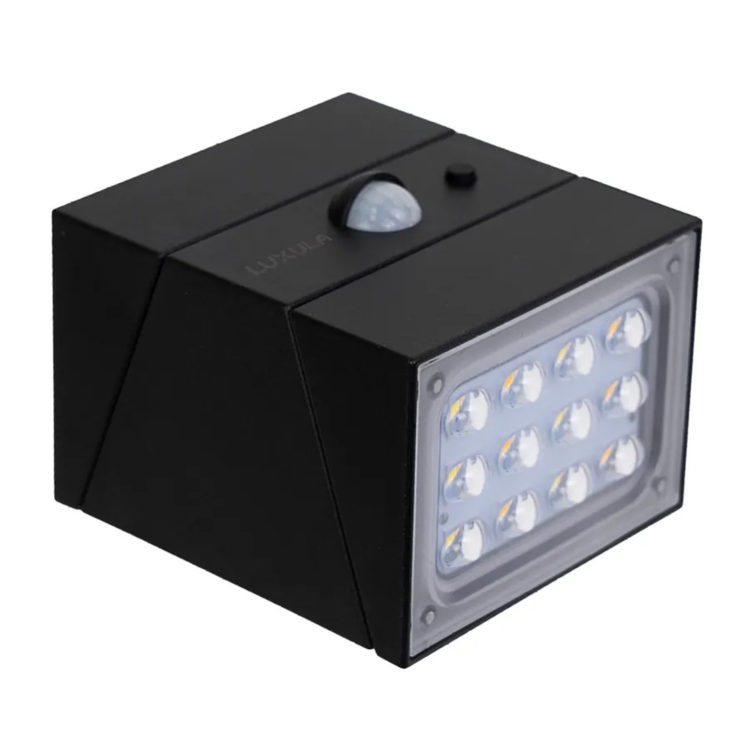 Schwarze LUXULA Solar Wandleuchte mit Bewegungsmelder und LED-Lichtern.