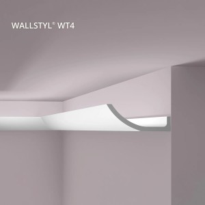 Weiße NOEL & MARQUET WT4 WALLSTYL Eckleiste für indirekte Beleuchtung im Raum.
