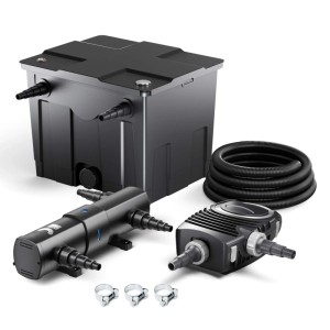 Sunsun Teichfilterset: schwarzer Filterkasten, UV-Klärer, Pumpe, Schlauch, Schellen. Für klares Teichwasser.