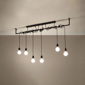 Schwarzer Sollux Lighting Kronleuchter Salamanca mit sechs Glühbirnen im modernen Design.