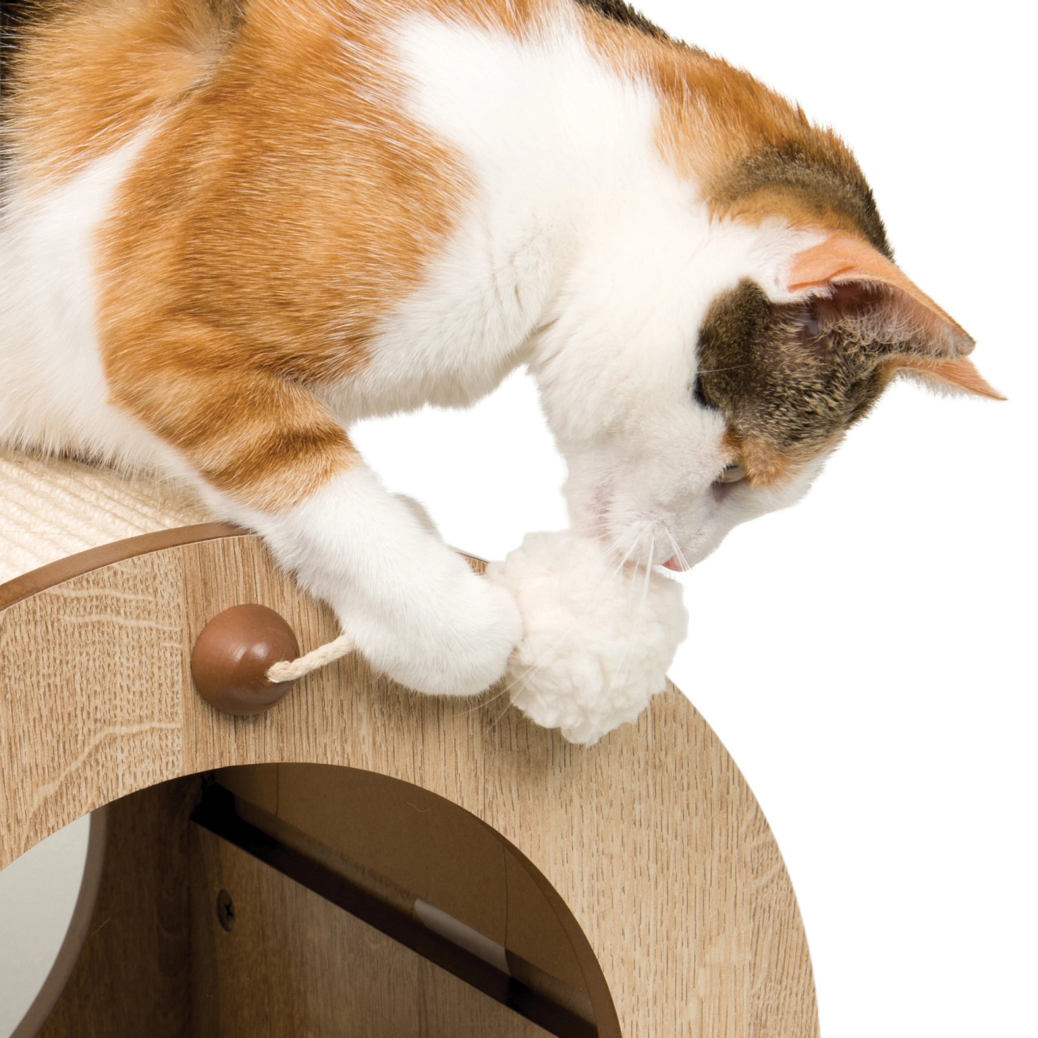 Katze spielt mit Spielzeug auf Vesper Katzenhöhle Minou in Eichenoptik.