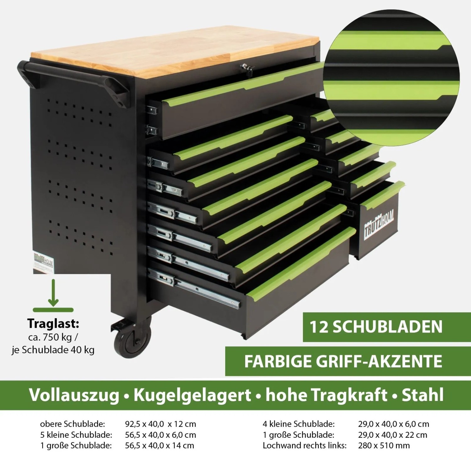 TRUTZHOLM Werkstattwagen Star XL mit 12 Schubladen, Stahl, schwarz und grün.