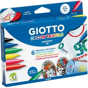 Giotto Decor Textile Textilmarker, 6 Stifte mit Pinselspitze in verschiedenen Farben.