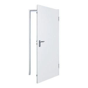 Geöffnete, weiße Hörmann Stahltür mit Eckzarge, DIN rechts, 100x200 cm.