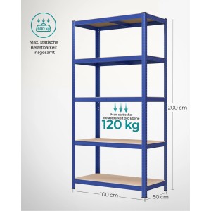 Blaues Songmics Lagerregal, 50x100x200 cm, mit 5 Regalböden. Ideal für Garage und Keller.