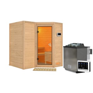 Woodfeeling Sauna-Set Steena 1 mit Bio-Ofen und Steuerung, Fichte natur