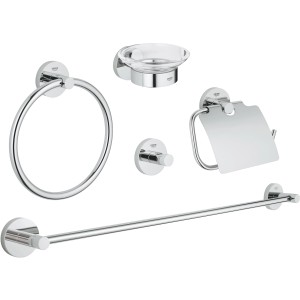 Grohe Bad-Set 5 in 1 Essentials Chrom: Handtuchring, Halter, Haken, WC-Papierhalter und Seifenschale.