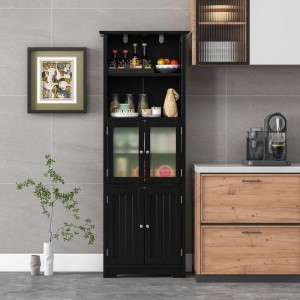 Schwarzer Badezimmerschrank mit Glastüren, offenen Fächern und verstellbaren Regalen. Moderner Hochschrank für Bad & Küche.