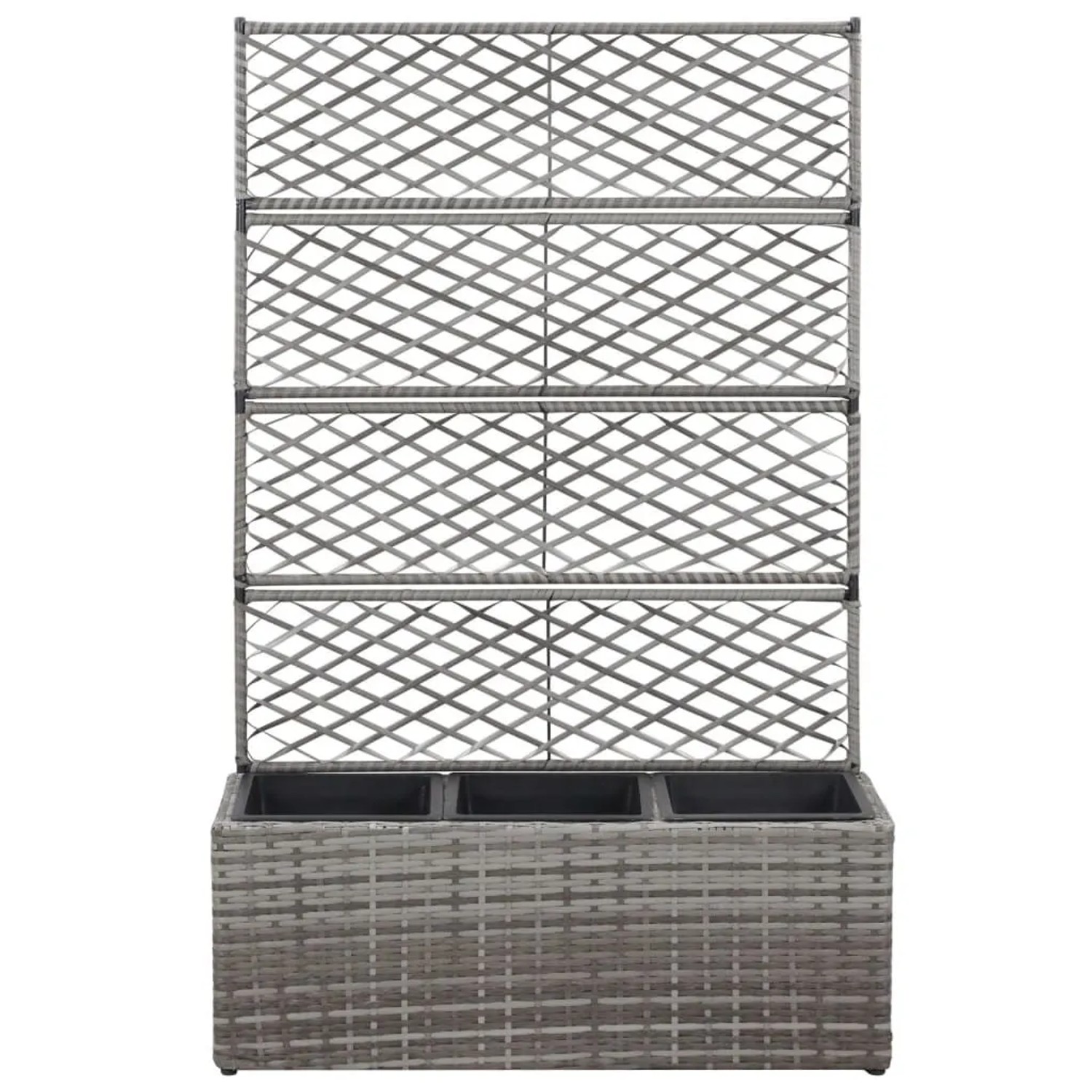 Graues Furnicato Hochbeet mit Rankgitter und 3 Töpfen aus Poly Rattan, 83x30x130cm.
