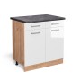 Vicco Küchenunterschrank R-Line, Weiß Hochglanz/Goldkraft Eiche, 80 cm mit anthrazitfarbener Arbeitsplatte.