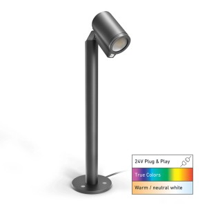 Anthrazitfarbener Steinel LED-Standstrahler Spot Way SC 24V. Moderne Außenleuchte mit Bewegungsmelder, dimmbar, RGBWW.