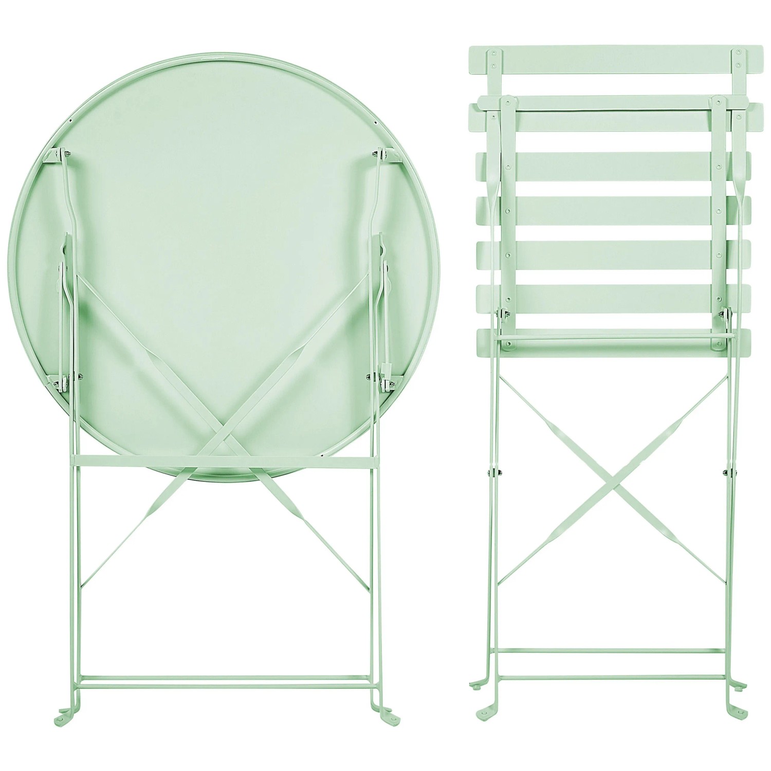 Mintgrünes Beliani Bistro Set FIORI, klappbarer runder Gartentisch und Stuhl aus Stahl, platzsparend.