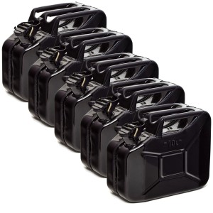 5 schwarze 10L Metall Kraftstoffkanister, TÜV-geprüft & UN-Zulassung, ideal für Benzin, Diesel & E10.