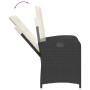 Verstellbarer Gartensessel aus Poly Rattan, schwarz, mit cremefarbenen Kissen. Rückenlehne verstellbar.