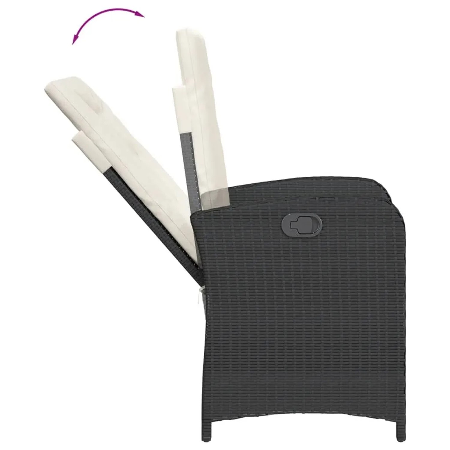 Verstellbarer Gartensessel aus Poly Rattan, schwarz, mit cremefarbenen Kissen. Rückenlehne verstellbar.